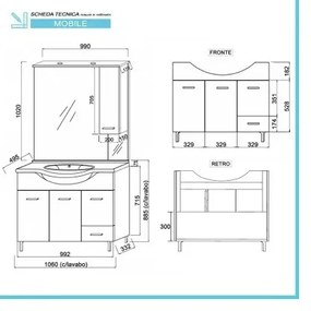 Mobile da Terra 105 cm in rovere bianco completo di specchio con pensile e LED