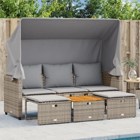 Divano giardino 3 posti con tetto e sgabelli grigio polyrattan