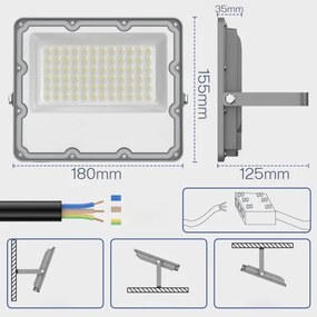 Proiettore LED per esterni, 50 W, 230 V, 4500 K, IP65, grigio