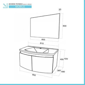 Mobile bagno sospeso curvo 80 cm rovere nordico con lavabo e specchio