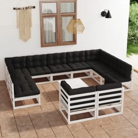 Set Divani da Giardino 12 pz Cuscini Bianchi Massello di Pino