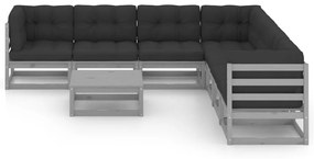 Set divani da giardino 8 pz con cuscini grigio massello di pino