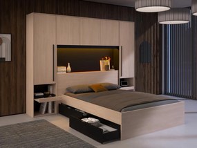 Letto con vani portaoggetti 140 x 190 cm Con LED Naturale e Nero + Rete + Materasso - VELONA