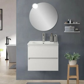 Mobile bagno sospeso 60cm in legno bianco lucido 2 cassettoni con lavabo e specchio Leda