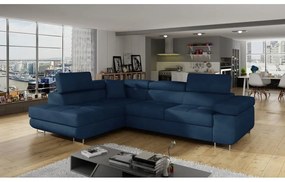 Divano angolare blu allungabile/con contenitore (con penisola a sinistra/a L) e rivestimento in velluto Anton – ELTAP