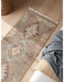 Passatoia azzurra/beige in lana reversibile/tessuta a mano 60x190 cm Kamal Dune – Nouristan