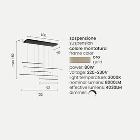 Lampada a sospensione Led in metallo verniciato Oro - GENIUS 5 Luci 125 cm