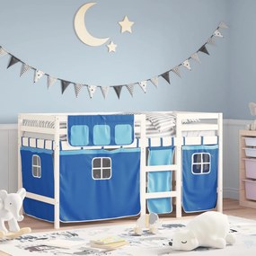 Letto A Soppalco Con Tende Bambini Blu 80x200 Cm Massello Pino /