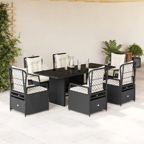 Set da pranzo da giardino 7 pz nero con cuscini in polyrattan