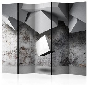 Paravento design Pioggia geometrica II (5 parti) - astrazione in blocchi grigi 3D