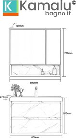 Kamalu - Mobile bagno sospeso 60 cm finitura marmo e specchio contenitore | KAM-VV60