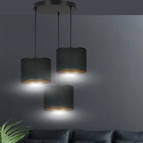 Lampadario Tondo 3 Luci Ganesha In Acciaio Nero E Paralumi In Tessuto Nero