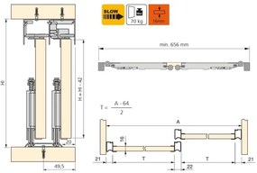 Sistema a scorrimento inferiore per armadio 2 ante di spessore 16 mm, con chiusura soft e profili in alluminio (pannelli non inc