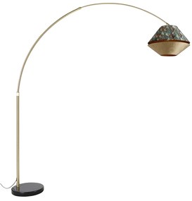 Lampada ad arco in ottone con doppio paralume in velluto con motivo a foglie e beige - XXL