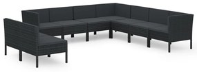 Set divani da giardino 9 pz con cuscini in polyrattan nero