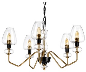 Lampadario Armand Acciaio Ottone Antico Nero Carbone Vetro Nero 5 Luci E14