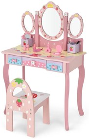 Costway Set toeletta con specchio tripartito e 3 cassetti per bambini, Tavolo da trucco con sgabello e 2 scatole Rosa