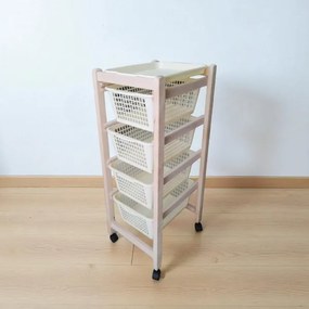 Carrello portafrutta JOLLY con cesti in plastica bianchi e legno Naturale.