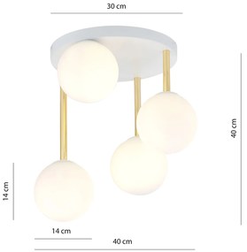 Plafoniera Contemporanea 4 Luci Teseo In Acciaio Bianco Oro E Sfere Vetro Bianco