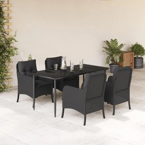 Set da pranzo da giardino 5 pz nero con cuscini in polyrattan