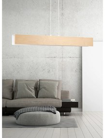Lampadario 4 Luci Merlino In Acciaio Bianco Corpo Rettangolare E Legno Naturale