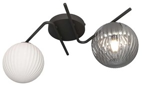 Plafoniera 2 Luci Ra Acciaio Nero E Diffusori In Vetro Rigato Opale E Fumè