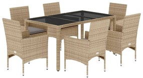 Set da pranzo da giardino 7 pz con cuscini polyrattan e vetro