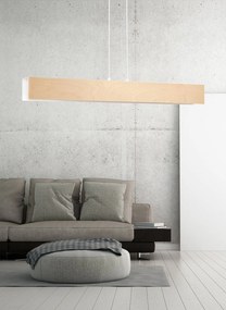 Lampadario 4 Luci Carlo In Acciaio Bianco Corpo Rettangolare E Legno Naturale