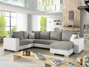 Divano letto matrimoniale angolare Birmingham - Ecopelle bianco+tessuto grigio chiaro grezzo