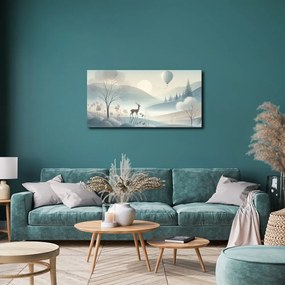 Quadro su tela – Paesaggio boschivo con cervo e montagne