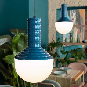 Sospensione Vintage Grande Decò Selaron Ceramica Blu 1 Luce E27