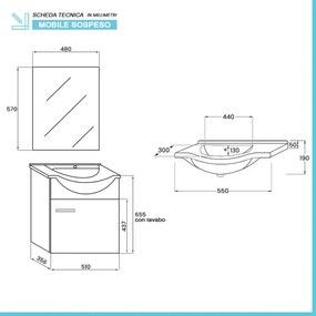 Mobile bagno sospeso 55 cm Rovere Dolomite completo di lavabo e specchio Desya