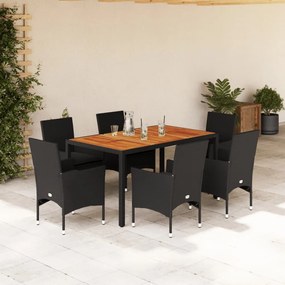 Set pranzo da giardino 7 pz nero con cuscini polyrattan acacia