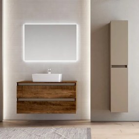 Mobile bagno sospeso 100 cm Tabacco con lavabo da appoggio e specchio - CUBE1