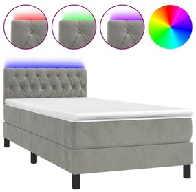 Letto a molle materasso e led grigio chiaro 100x200 cm velluto