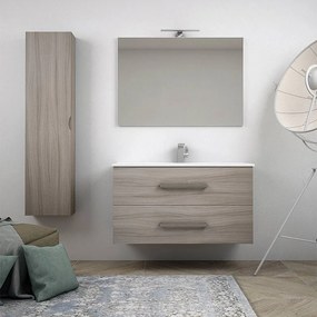 Composizione da bagno sospesa moderna 100 cm finitura larice con colonna specchio applique LED cassettoni soft close
