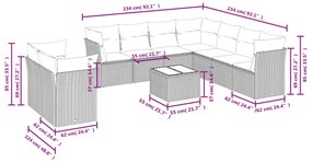 Set divano da giardino 10 pz con cuscini grigio in polyrattan