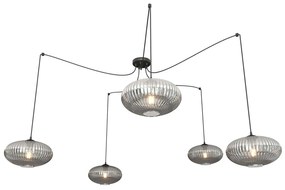 Lampadario 5 Luci Elios In Acciaio Nero Paralume Plissettato Fumè