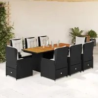 Set da Pranzo da Giardino 9 pz con Cuscini Nero in Polyrattan 3262780