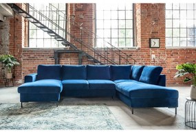 Divano letto a U in velluto blu navy, angolo destro Lofty Lilly - Miuform