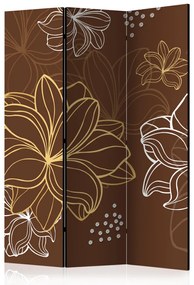 Paravento design Flora autunnale (3-parti) - sfondo marrone con delicati fiori