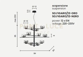 Sospensione figaro 12 luci attacco e14 oro e ambra d.94cm h.65cm