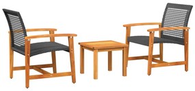 Set da bistrot 3 pz nero in polyrattan e legno di acacia