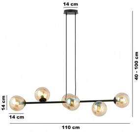 Lampadario a Sospensione in Acciaio e Vetro ROSSI 6 Nero 6xE14 Colore delle Sfere Ambrate