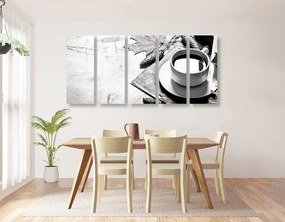 Quadri 5 pezzi – Tazza di caffè in autunno in bianco e nero