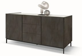 Credenza PIETRASANTA in legno, finitura in acciaio ossidato, piano effetto marmo statuario, 200&#215;50 cm