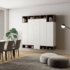 Parete soggiorno verticale Isoka A35 L.200 H.194 P.39,5 Bianco e Noce