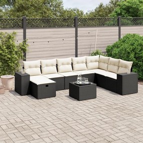 Set divani da giardino 9 pz con cuscini nero in polyrattan