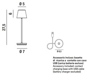 Lampada da tavolo ricaricabile a batterie in alluminio pressofuso verniciato a polvere per uso interno/esterno.