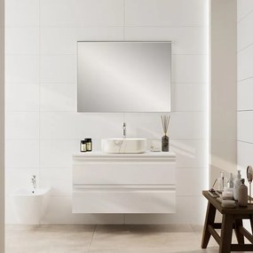 Mobile Pull L100 H55 P45 bianco opaco laccato 2 cassetti a chiusura ammortizzata e top per lavabo in appoggio, piedini non inclusi